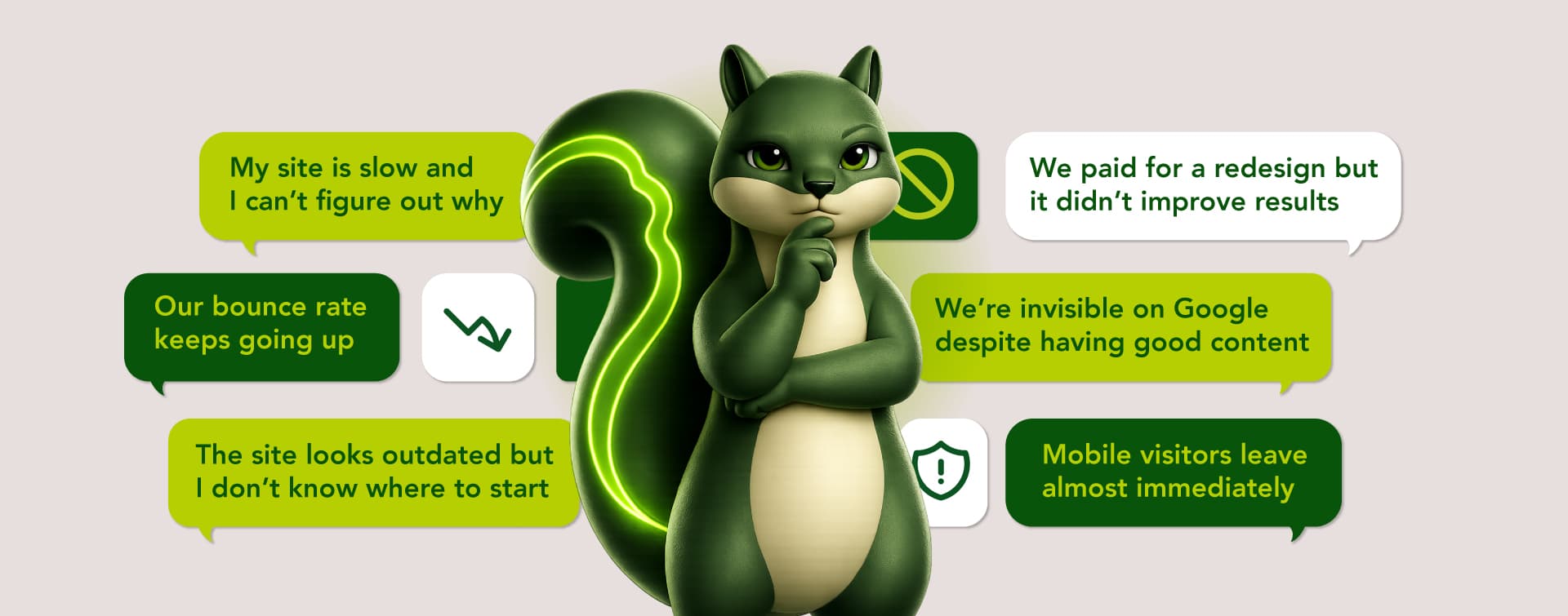 Common website frustrations: slow speed, poor SEO visibility, high bounce rates, outdated design, and mobile visitors leaving immediately